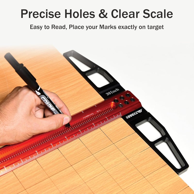 Tydeey 12, 24, 31, 39 in Precision Ruler Square T-Shaped Woodworking Scriber Measuring Tool, Aluminum Alloy Architect Ruler for Carpenter Work, T Type Wood Layout and Measuring Tools (39 Inch) - Image 2